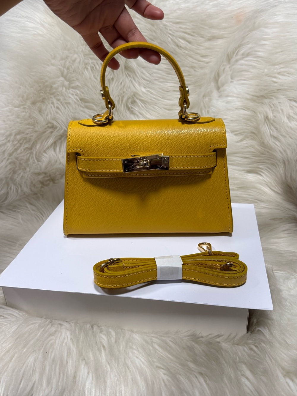 Genuine Italy Leather Structured Top Handle Bag 2 Way Yellow